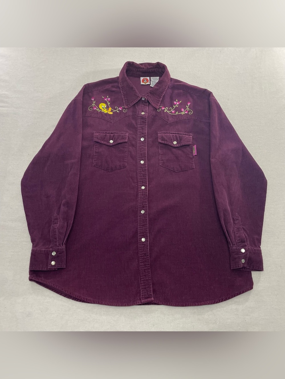 Vintage Y2K Looney Tunes Tweety Bird Embroidered Corduroy Western Shirt Sz L